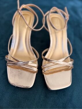 Strappy Metallic Rose Gold Block Heel Sandals
